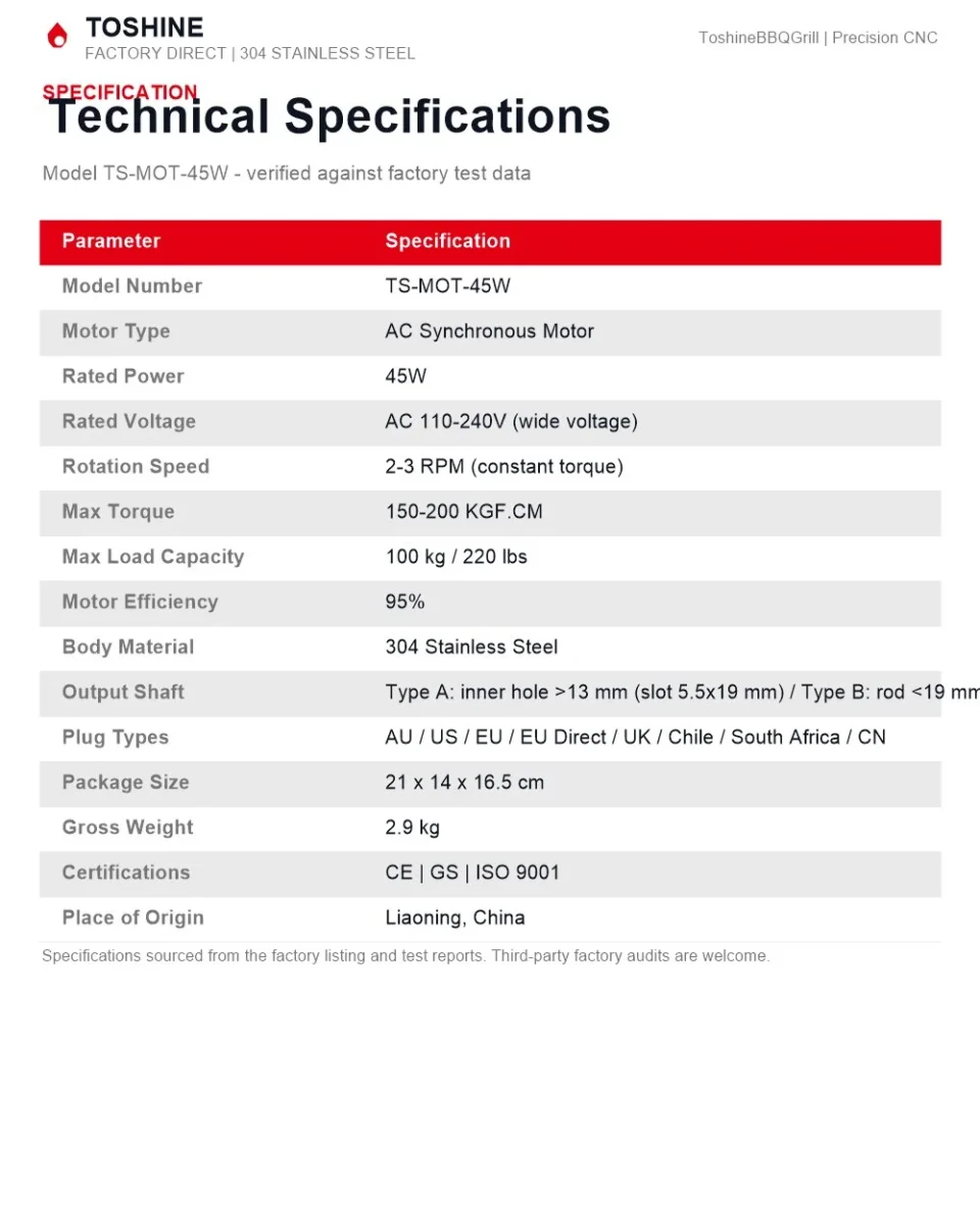 TS-MOT-45W rotisserie motor technical specifications