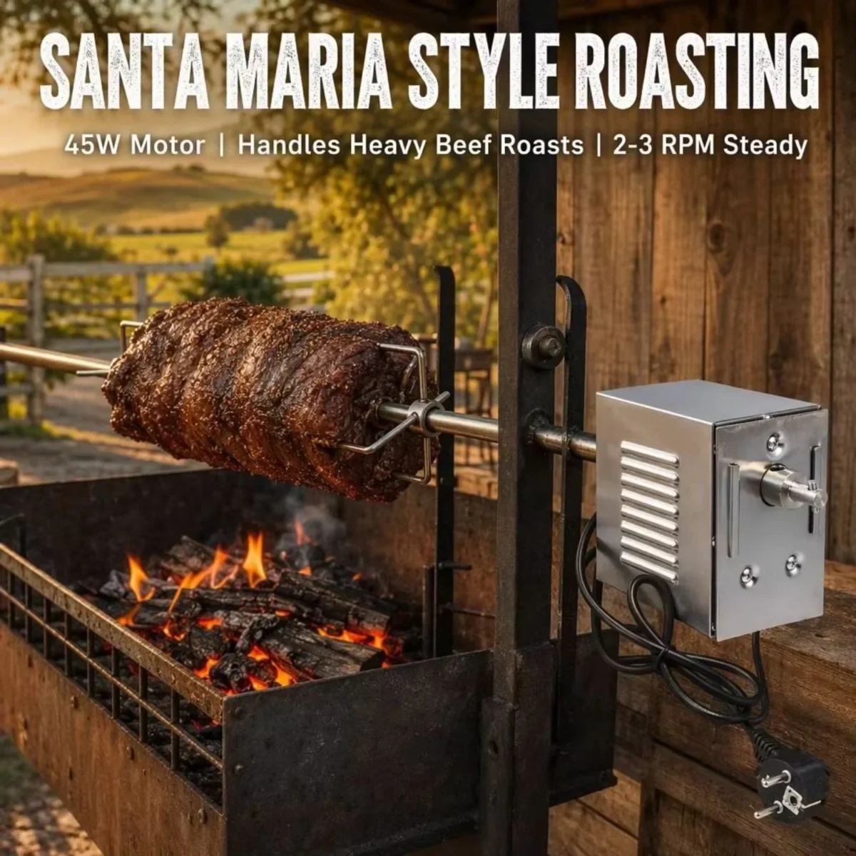 rotisserie motor roasting whole beef Santa Maria style